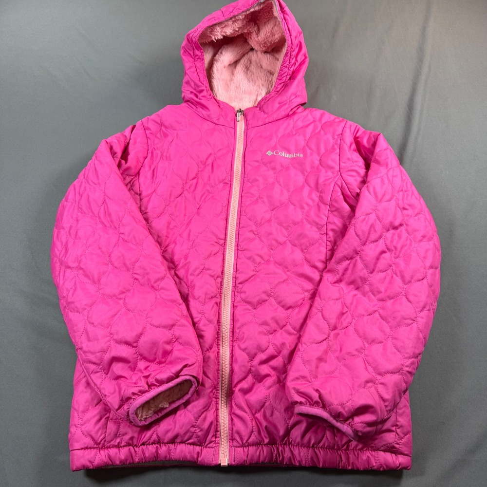 Columbia Girls Pink Quilted Hooded Jacket Fleece Lined Size L 14/16
